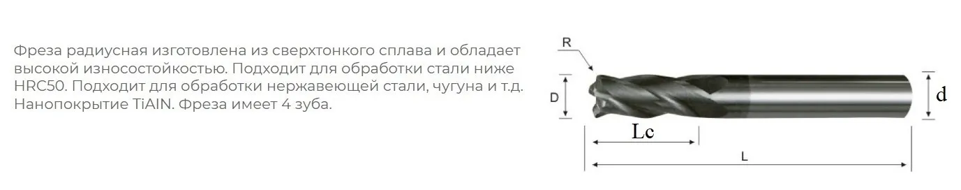 Фреза радиусная 12R1*12*24*75 до 50HRC 